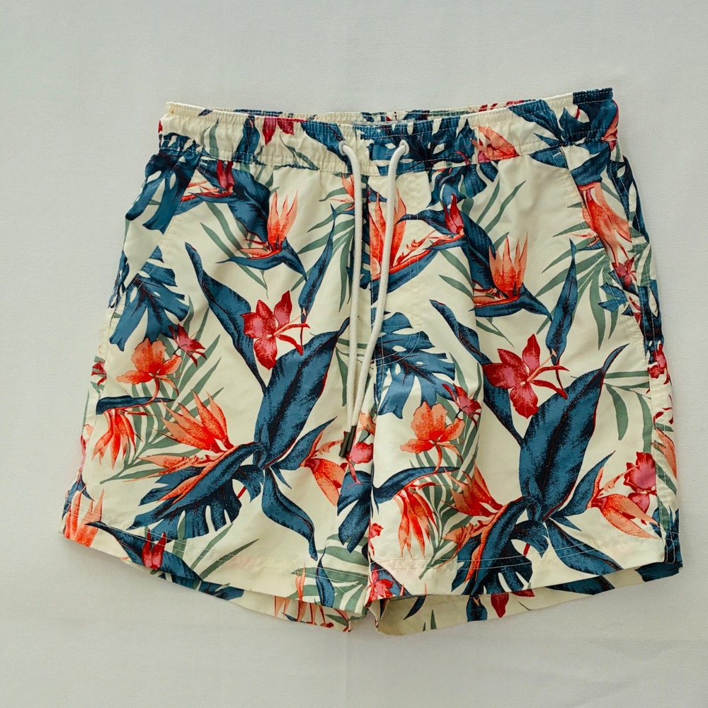 American Eagle Swim Trunks Mens Small Cream Floral Bird of Paradise 5" Inseam